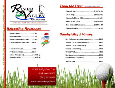 River Valley Golf Course Lunch Menu